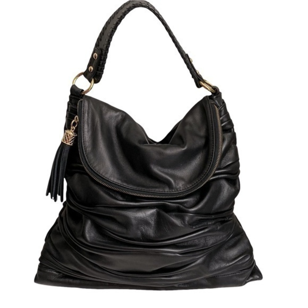 Onna ehrlich pleated gathered black leather bag
